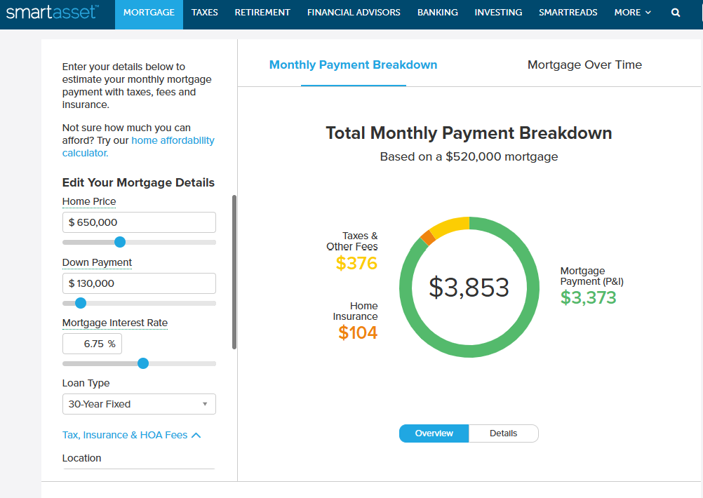 SmartAsset Mortgage Calculator interface