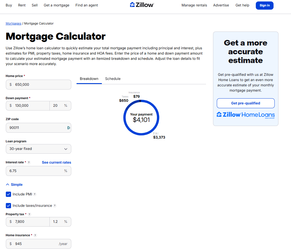 Zillow Mortgage Calculator interface